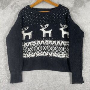 Ruby Moon Fair Isle Reindeer Sweater Womens Small Black White Nordic Knit Cozy